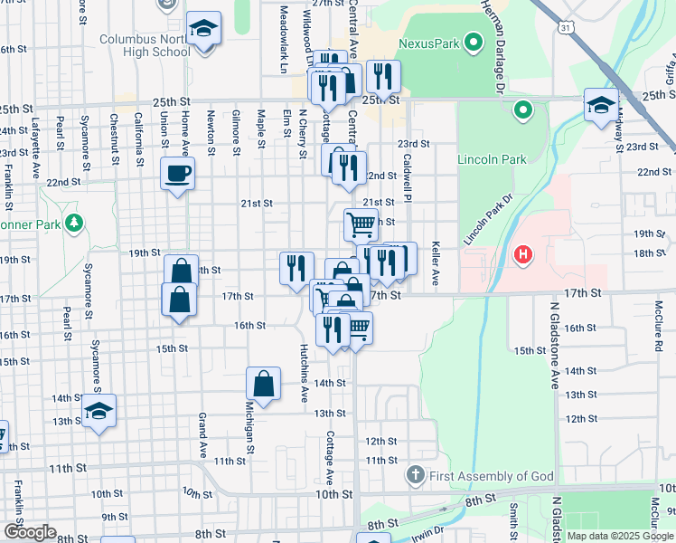 map of restaurants, bars, coffee shops, grocery stores, and more near 1702 Cottage Avenue in Columbus