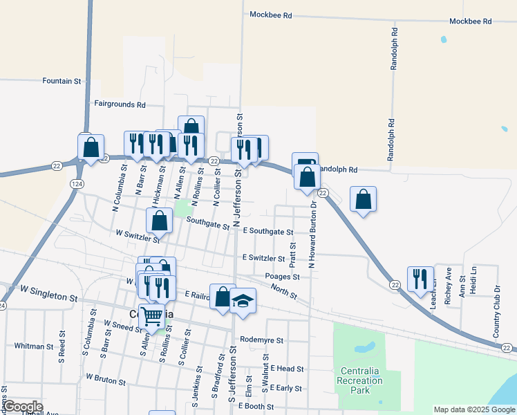 map of restaurants, bars, coffee shops, grocery stores, and more near 590 North Jefferson Street in Centralia