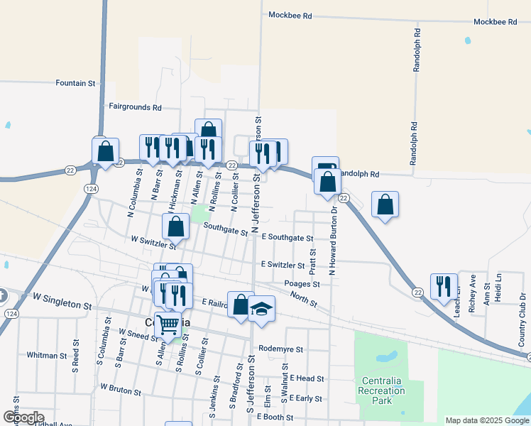 map of restaurants, bars, coffee shops, grocery stores, and more near 590 North Jefferson Street in Centralia