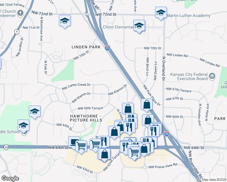 map of restaurants, bars, coffee shops, grocery stores, and more near 6720 North Saint Clair Court in Kansas City