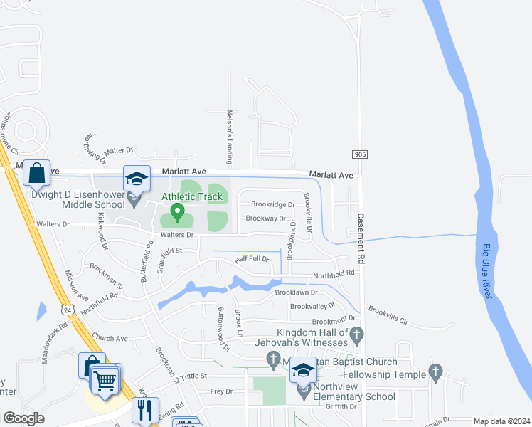 map of restaurants, bars, coffee shops, grocery stores, and more near 320 Brookway Drive in Manhattan