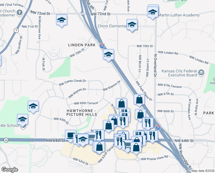 map of restaurants, bars, coffee shops, grocery stores, and more near 6720 North Saint Clair Court in Kansas City