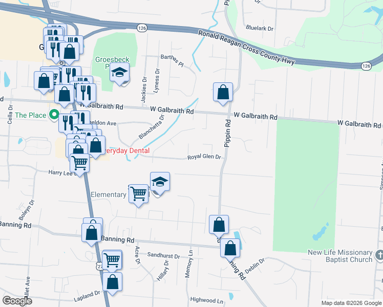 map of restaurants, bars, coffee shops, grocery stores, and more near 2627 Royal Glen Drive in Cincinnati