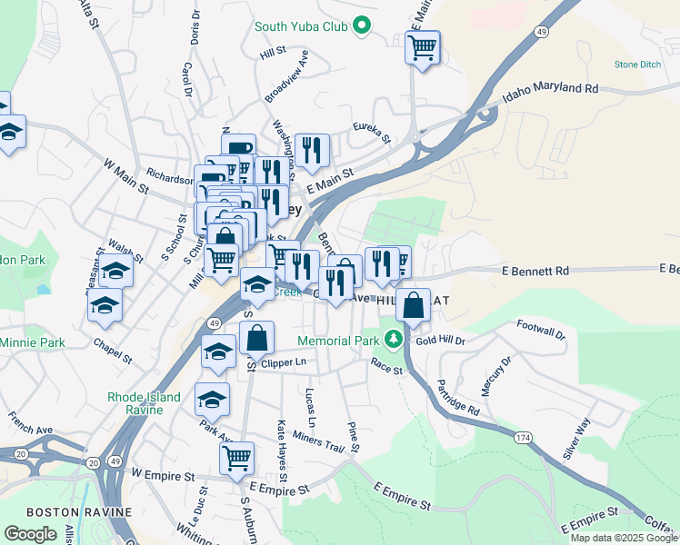 map of restaurants, bars, coffee shops, grocery stores, and more near 232 Bennett Street in Grass Valley