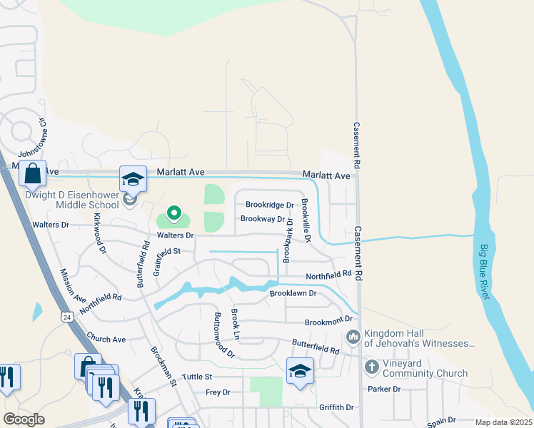 map of restaurants, bars, coffee shops, grocery stores, and more near 316 Brookway Drive in Manhattan