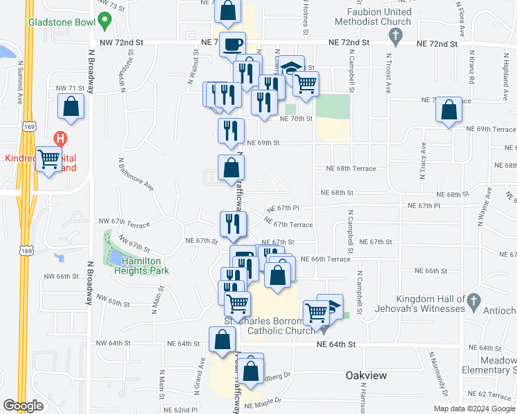 map of restaurants, bars, coffee shops, grocery stores, and more near 404 Northeast 67th Terrace in Kansas City