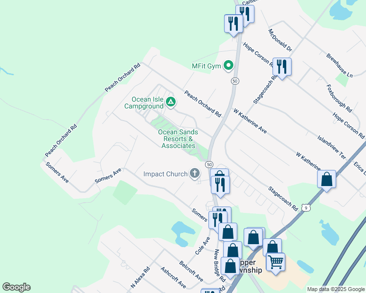 map of restaurants, bars, coffee shops, grocery stores, and more near 16 Winchester Court in Cape May County