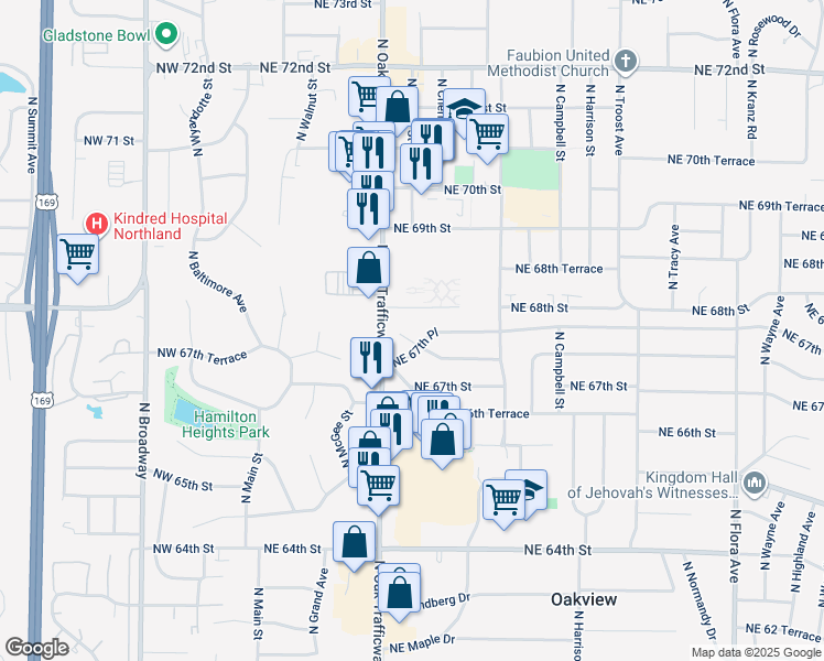 map of restaurants, bars, coffee shops, grocery stores, and more near 406 Northeast 67th Place in Kansas City