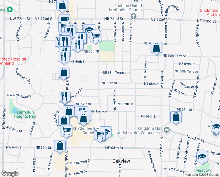 map of restaurants, bars, coffee shops, grocery stores, and more near 807 Northeast 67 Place in Gladstone