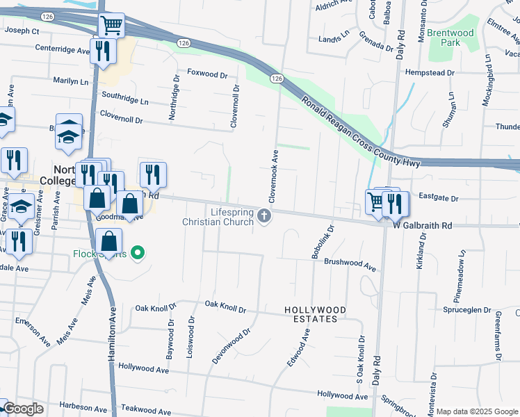 map of restaurants, bars, coffee shops, grocery stores, and more near 6919 Clovernook Avenue in Cincinnati