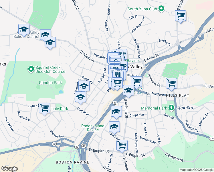 map of restaurants, bars, coffee shops, grocery stores, and more near 215 South School Street in Grass Valley