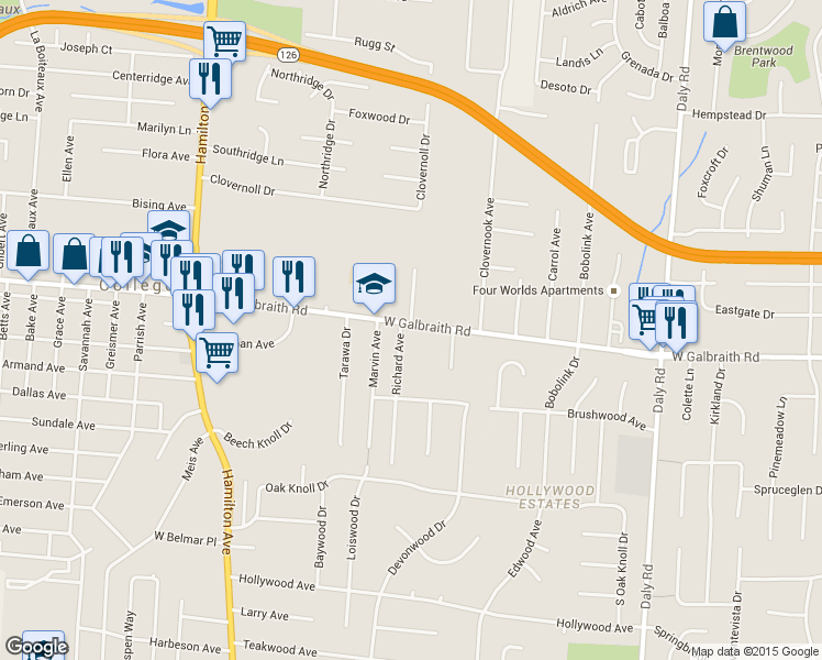 map of restaurants, bars, coffee shops, grocery stores, and more near 1395 West Galbraith Road in Cincinnati