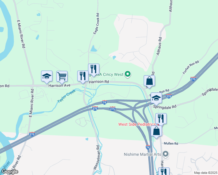 map of restaurants, bars, coffee shops, grocery stores, and more near 7230 Creekview Drive in Cincinnati