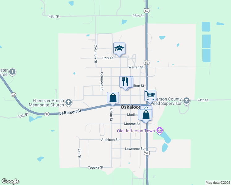 map of restaurants, bars, coffee shops, grocery stores, and more near 400-412 Hamilton St in Oskaloosa