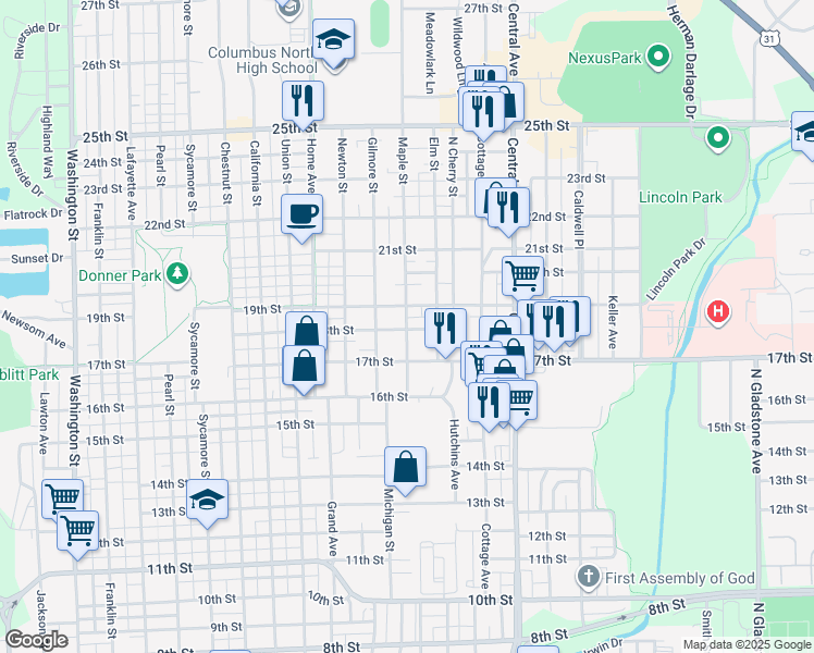 map of restaurants, bars, coffee shops, grocery stores, and more near 1811 Maple Street in Columbus