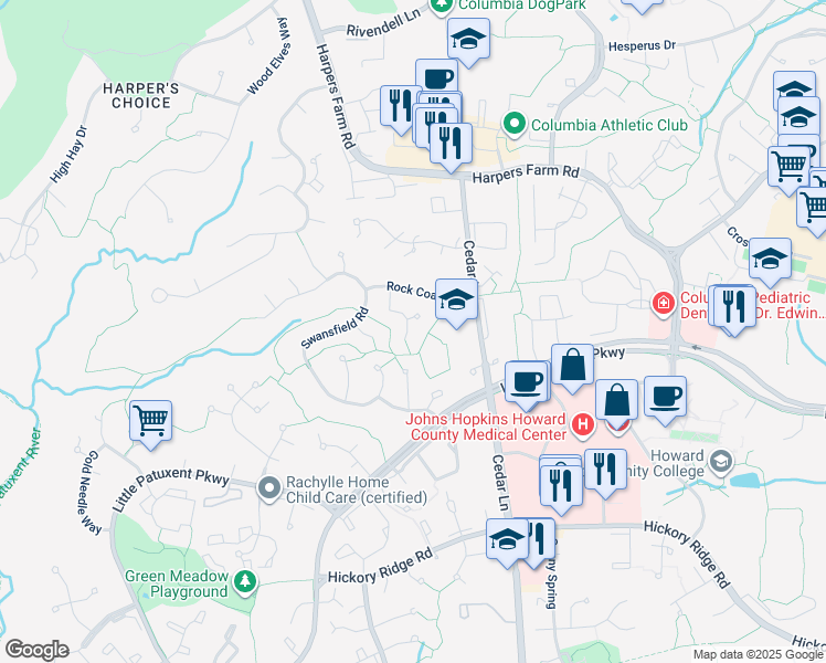 map of restaurants, bars, coffee shops, grocery stores, and more near 10969 Millbank Row in Columbia