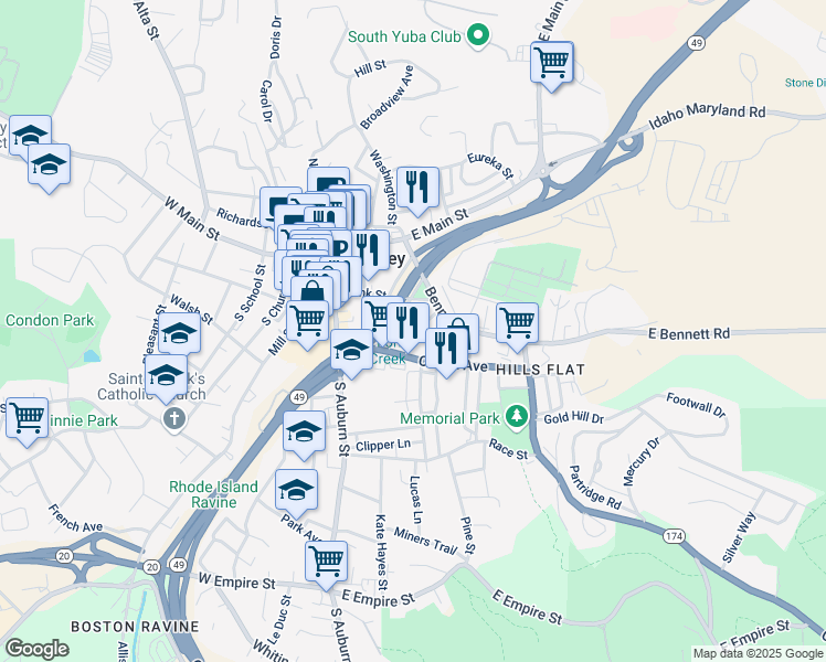 map of restaurants, bars, coffee shops, grocery stores, and more near 223 Kidder Street in Grass Valley
