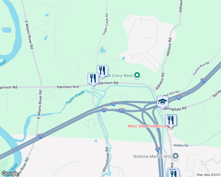 map of restaurants, bars, coffee shops, grocery stores, and more near 7366 Harrison Avenue in Cincinnati