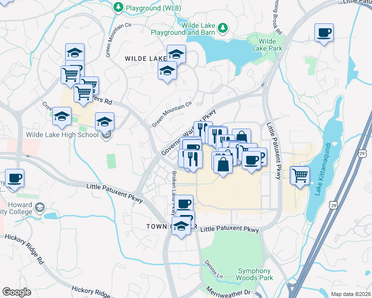 map of restaurants, bars, coffee shops, grocery stores, and more near 10231 Brighton Ridge Way in Columbia