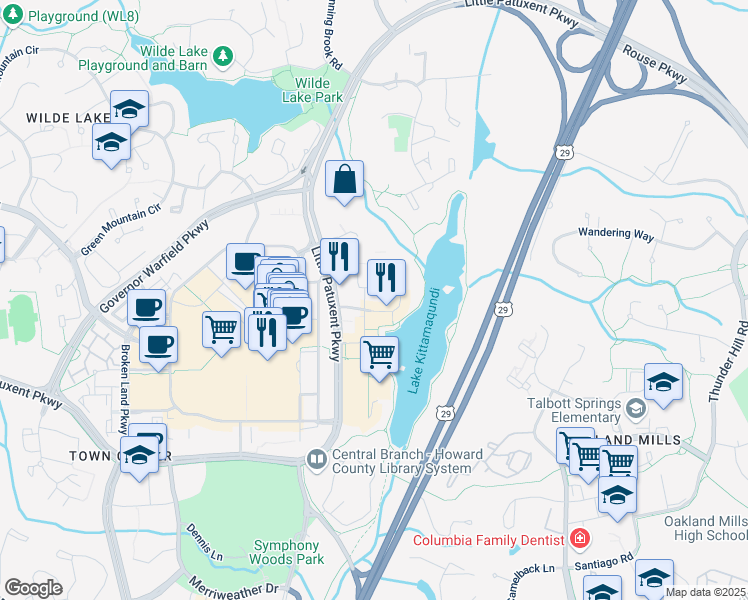map of restaurants, bars, coffee shops, grocery stores, and more near 10205 Wincopin Circle in Columbia