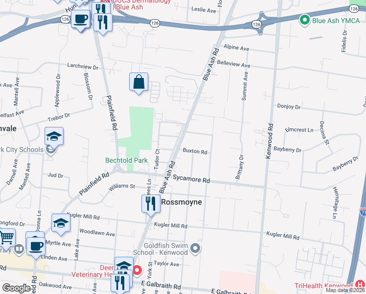 map of restaurants, bars, coffee shops, grocery stores, and more near 8712 Blue Ash Road in Cincinnati