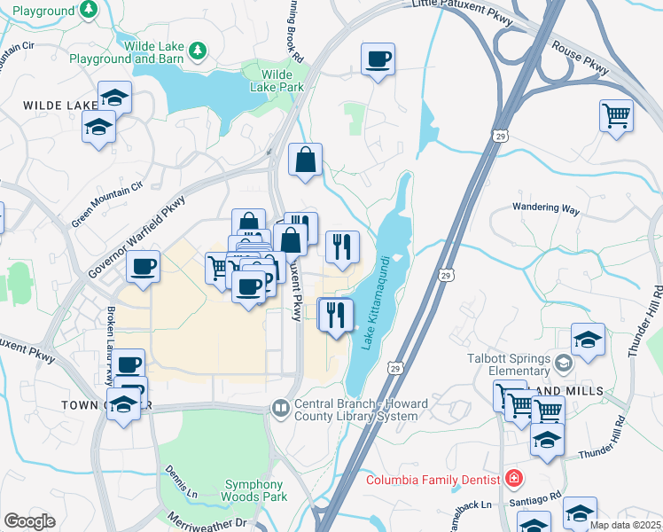 map of restaurants, bars, coffee shops, grocery stores, and more near 10205 Wincopin Circle in Columbia