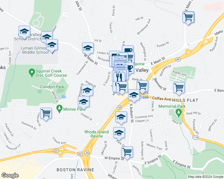 map of restaurants, bars, coffee shops, grocery stores, and more near 215 South School Street in Grass Valley
