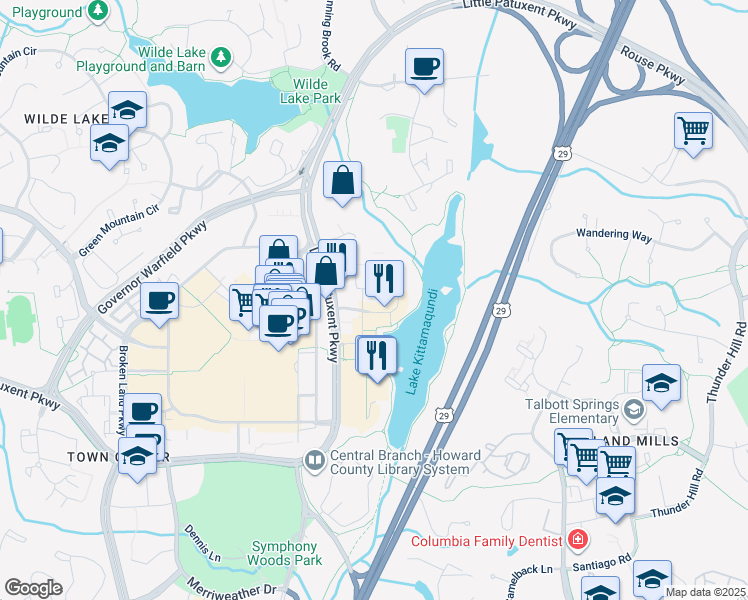 map of restaurants, bars, coffee shops, grocery stores, and more near 10205 Wincopin Circle in Columbia