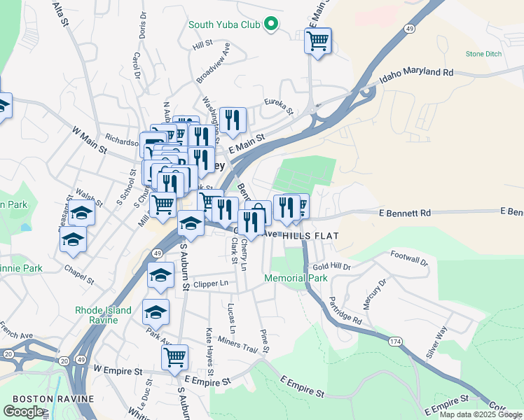 map of restaurants, bars, coffee shops, grocery stores, and more near Bennett Street & Kidder Avenue in Grass Valley