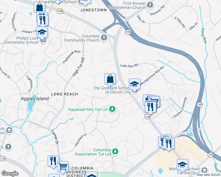 map of restaurants, bars, coffee shops, grocery stores, and more near 8556 Davis Road in Columbia