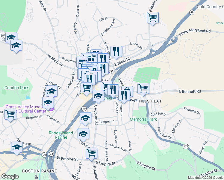 map of restaurants, bars, coffee shops, grocery stores, and more near 221 Bank Street in Grass Valley