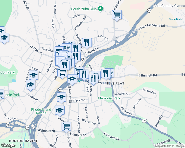 map of restaurants, bars, coffee shops, grocery stores, and more near in Grass Valley