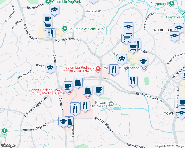 map of restaurants, bars, coffee shops, grocery stores, and more near 6001 Turnabout Lane in Columbia