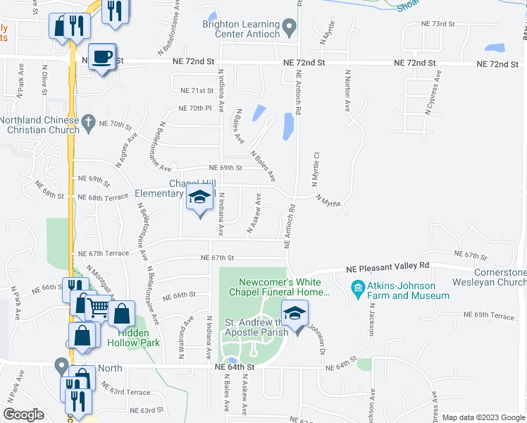 map of restaurants, bars, coffee shops, grocery stores, and more near 6751 North Askew Circle in Gladstone