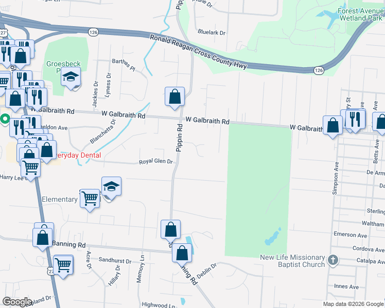 map of restaurants, bars, coffee shops, grocery stores, and more near 2454 Pinwood Lane in Cincinnati