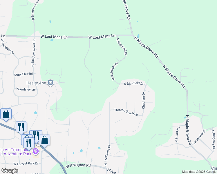map of restaurants, bars, coffee shops, grocery stores, and more near 5005 North Muirfield Drive in Bloomington