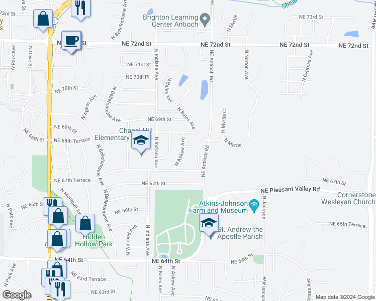 map of restaurants, bars, coffee shops, grocery stores, and more near 6755 North Askew Circle in Gladstone
