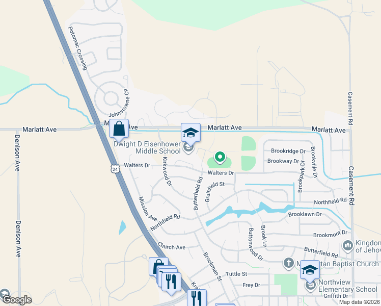 map of restaurants, bars, coffee shops, grocery stores, and more near 800 Walters Drive in Manhattan
