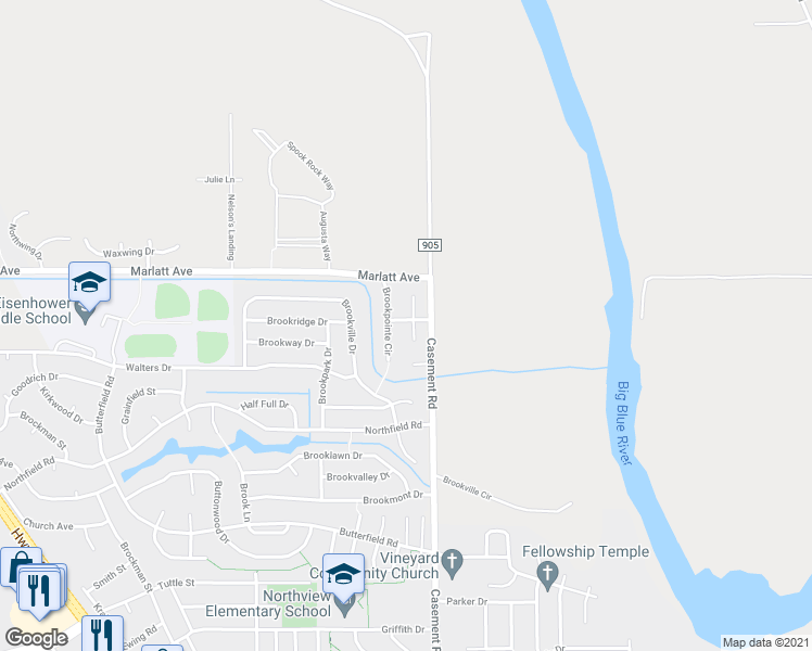 map of restaurants, bars, coffee shops, grocery stores, and more near 2621 Brookglen Circle in Manhattan