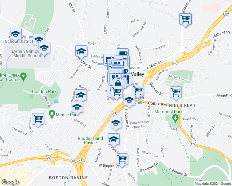 map of restaurants, bars, coffee shops, grocery stores, and more near 129 Neal Street in Grass Valley