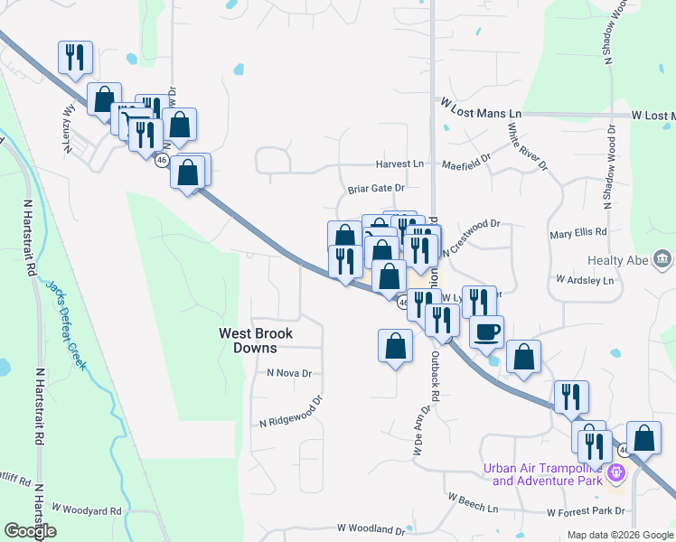 map of restaurants, bars, coffee shops, grocery stores, and more near 4750 North Lenzy Way in Bloomington