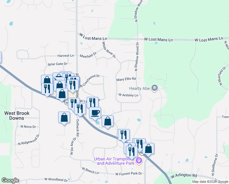 map of restaurants, bars, coffee shops, grocery stores, and more near 4789 White River Drive in Bloomington