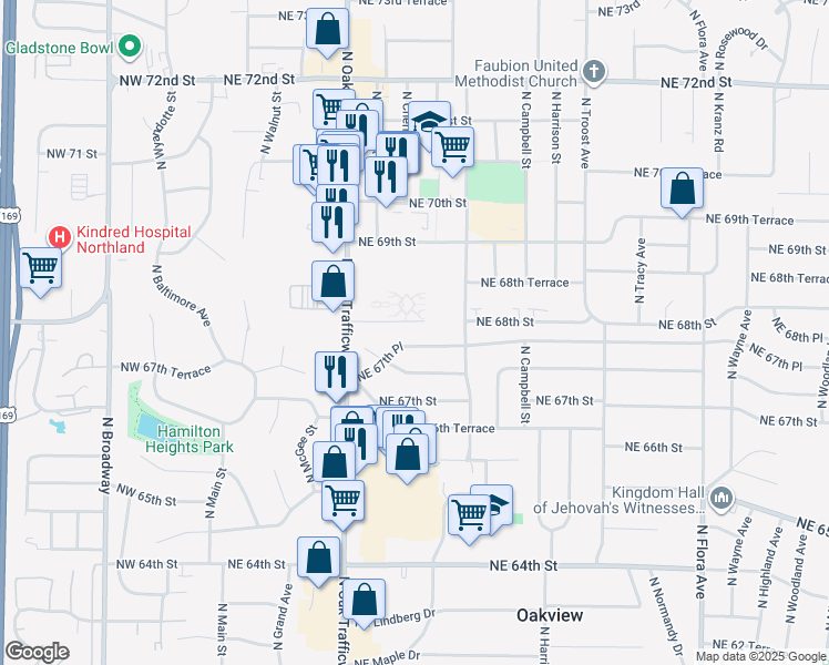 map of restaurants, bars, coffee shops, grocery stores, and more near 600 Northeast 67th Place in Kansas City