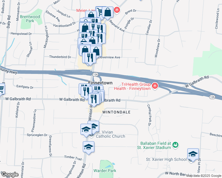 map of restaurants, bars, coffee shops, grocery stores, and more near 8240 Galbraith Point Lane in Cincinnati