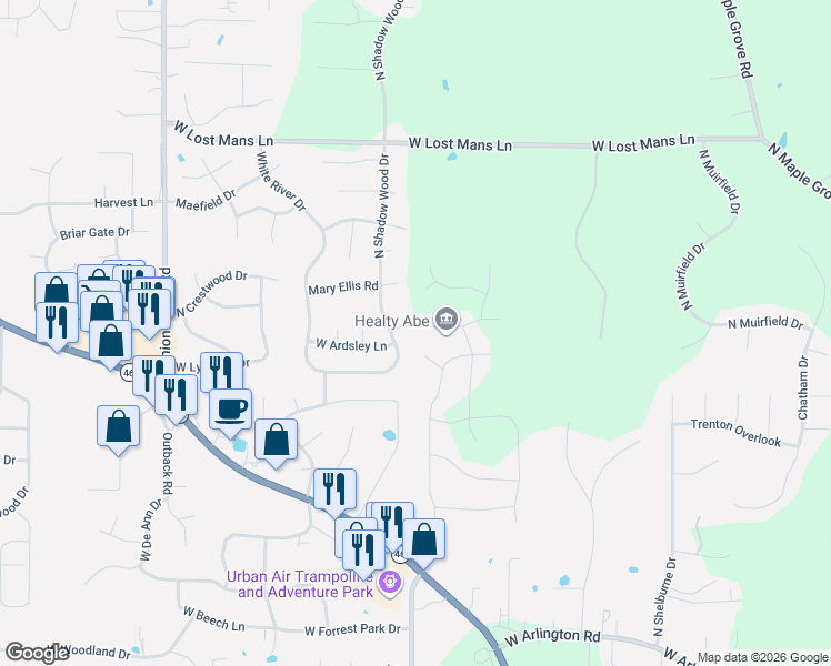 map of restaurants, bars, coffee shops, grocery stores, and more near 3974 West Ribbon Lane in Bloomington