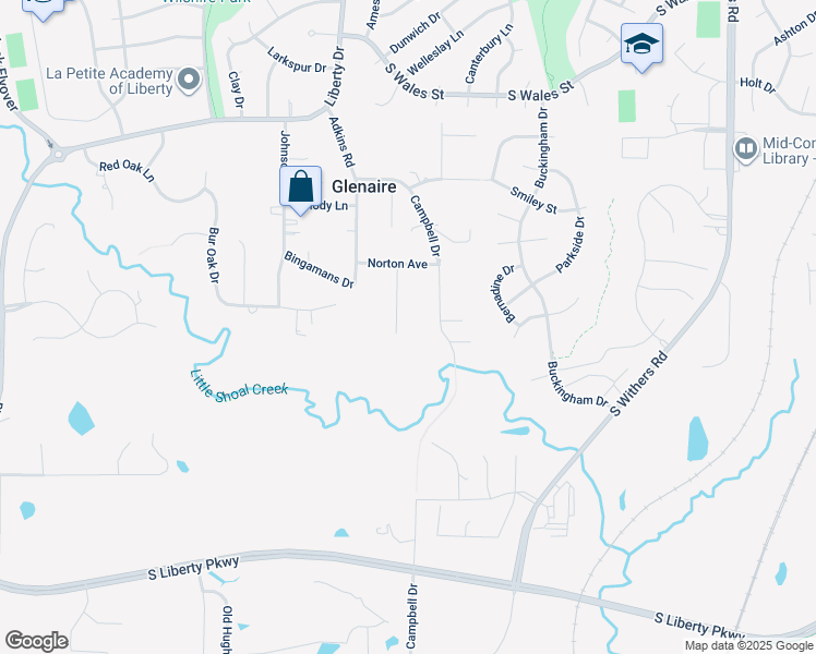 map of restaurants, bars, coffee shops, grocery stores, and more near 308 Campbell Drive in Liberty