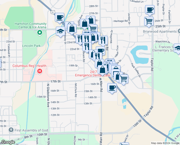 map of restaurants, bars, coffee shops, grocery stores, and more near 1804 Lee Street in Columbus