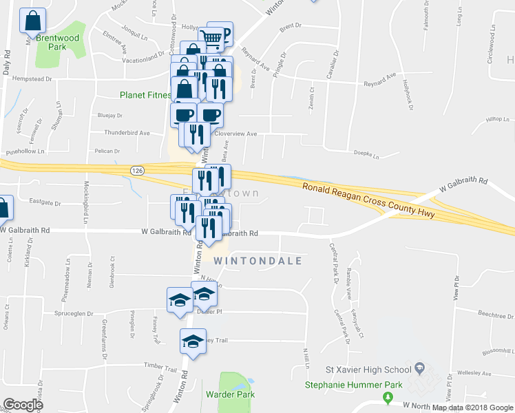 map of restaurants, bars, coffee shops, grocery stores, and more near 8222 Galbraith Point Lane in Cincinnati