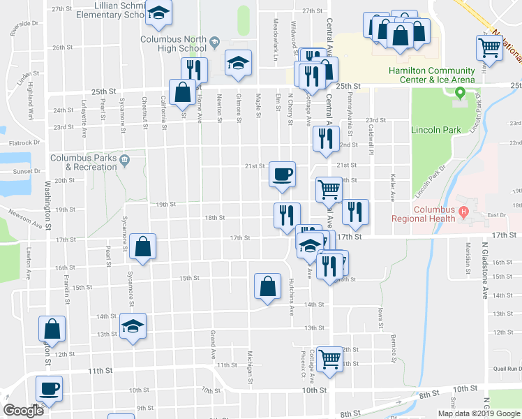 map of restaurants, bars, coffee shops, grocery stores, and more near 1899 Maple Street in Columbus