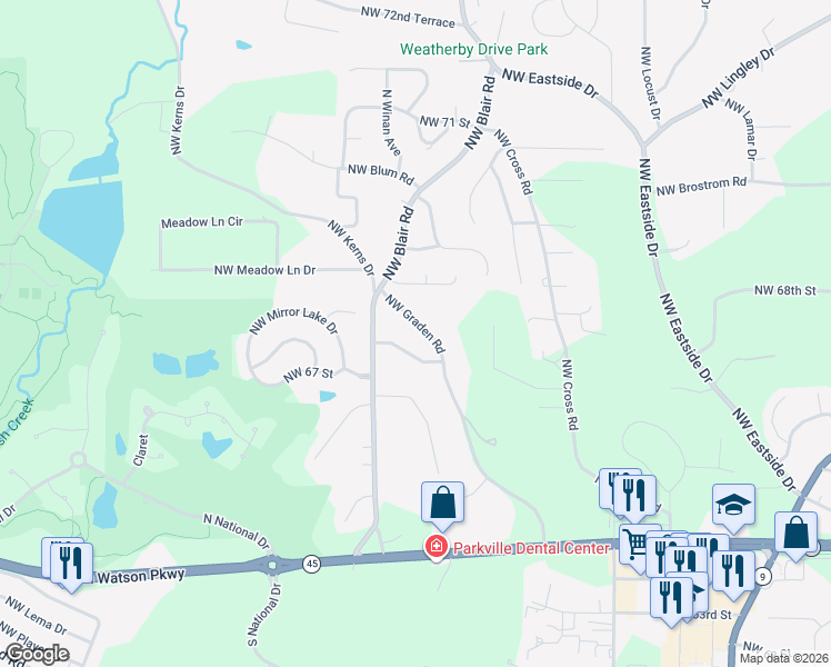 map of restaurants, bars, coffee shops, grocery stores, and more near 6712 Northwest Graden Road in Parkville